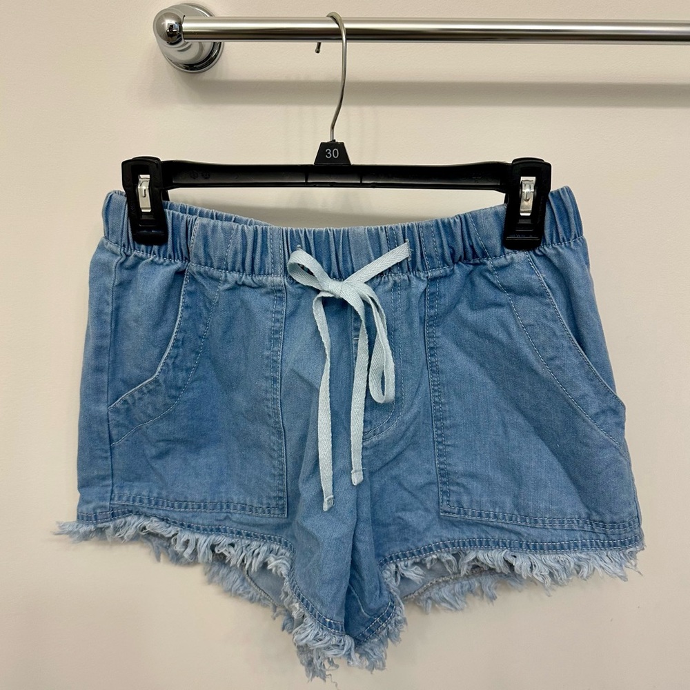Light Blue Denim Drawstring Frayed Hem Women's Shorts